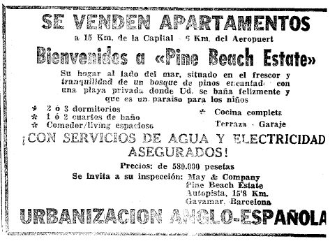 Anuncio de Pine Beach de Gav� Mar publicado en el diario La Vanguardia el 24 de Enero de 1965 donde se afirma que la playa es privada